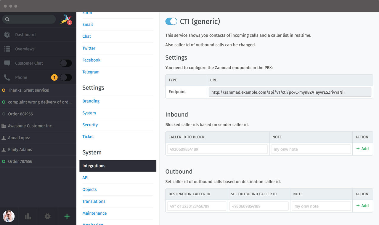 Screenshot Zammad generic CTI admin integrations