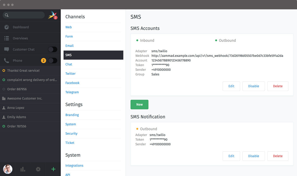 Zammad Screenshot Channel SMS