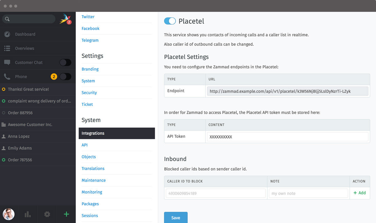 Screenshot Zammad Placetel Integration