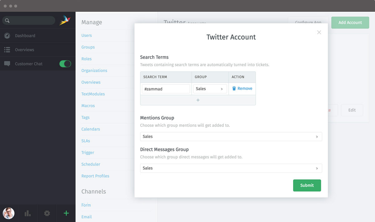 Screenshot Zammad Admin Twitter App