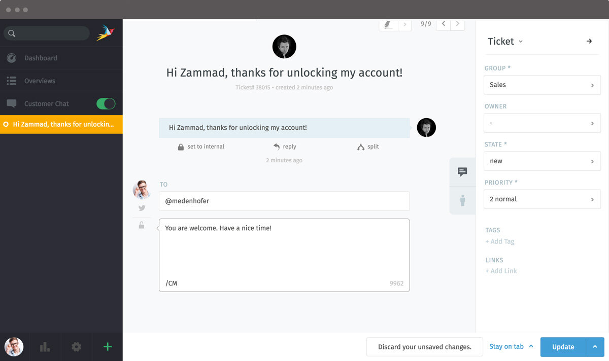 Screenshot Zammad Agent direct message reply