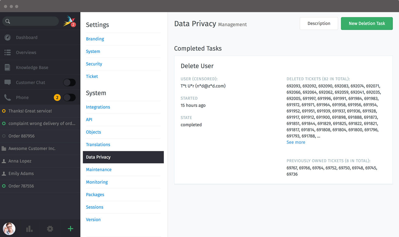 Screenshot Zammad Data security