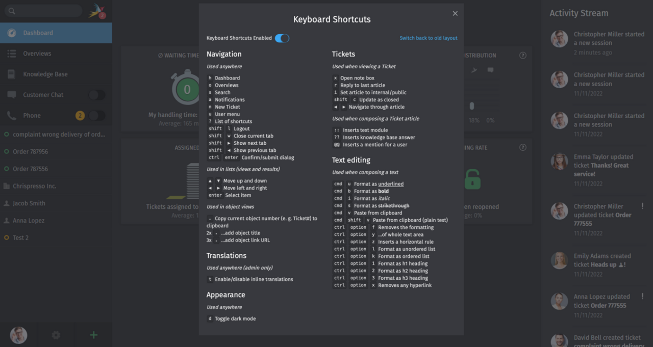 Screenshot of Keyboard Shortcuts in Zammad